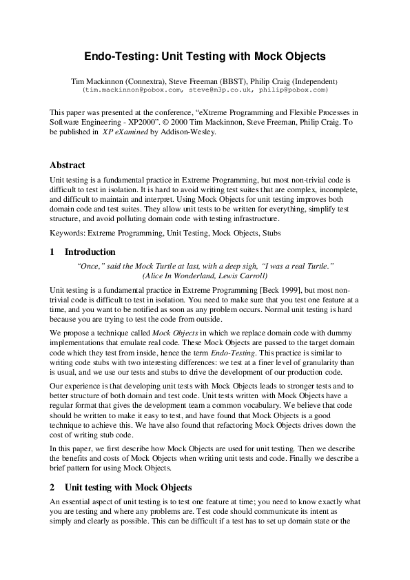 (PDF) Endo-testing: unit testing with mock objects
