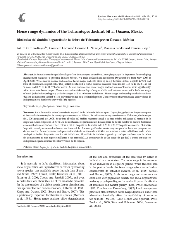 (PDF) Dinámica del ámbito hogareño de la liebre de Tehuantepec en ...