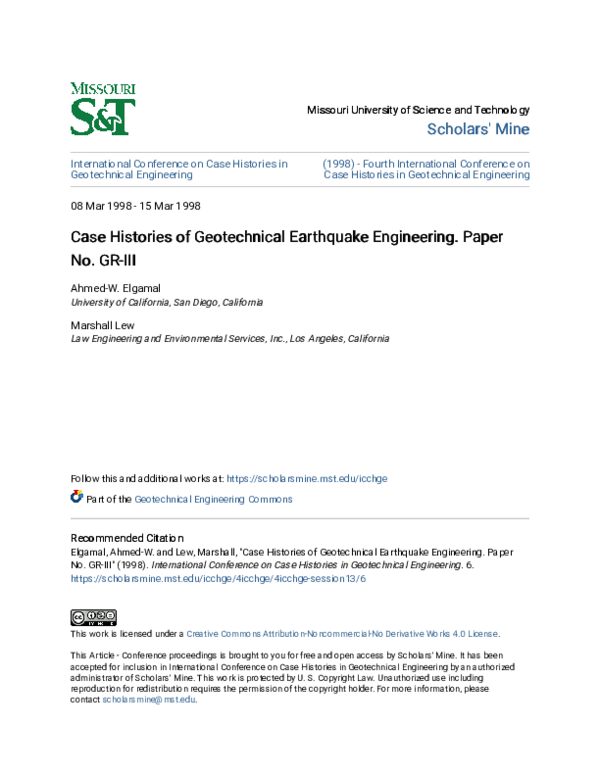 (PDF) Case Histories of Geotechnical Earthquake Engineering. Paper No ...