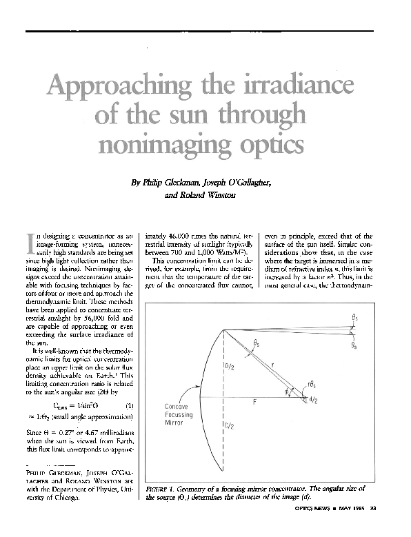 (PDF) Approaching the irradiance of the sun through nonimaging optics