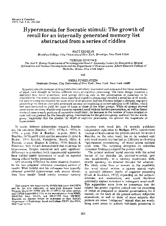 (PDF) Hypermnesia for Socratic stimuli: The growth of recall for an ...