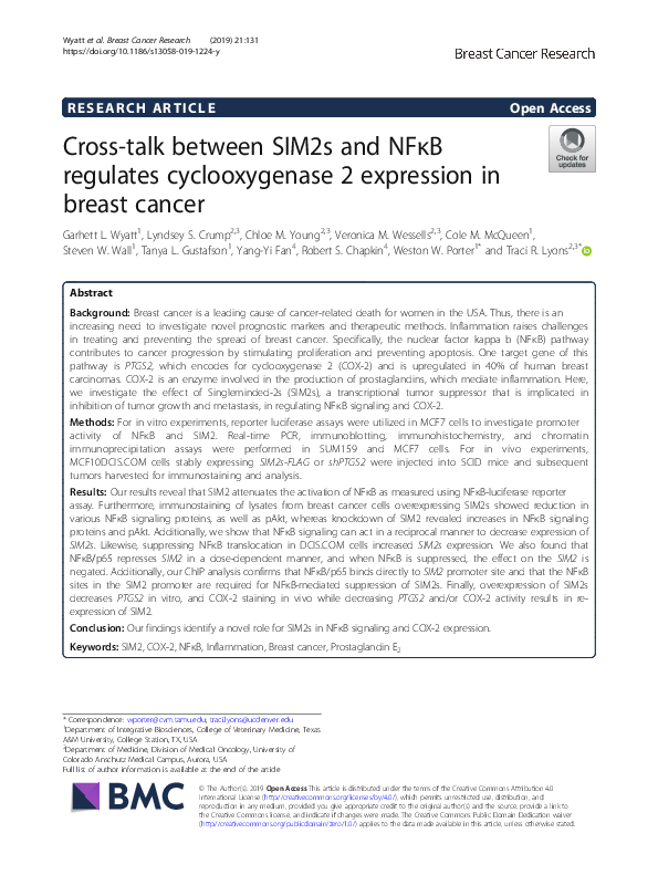 (PDF) Cross-talk between SIM2s and NFκB regulates cyclooxygenase 2 ...