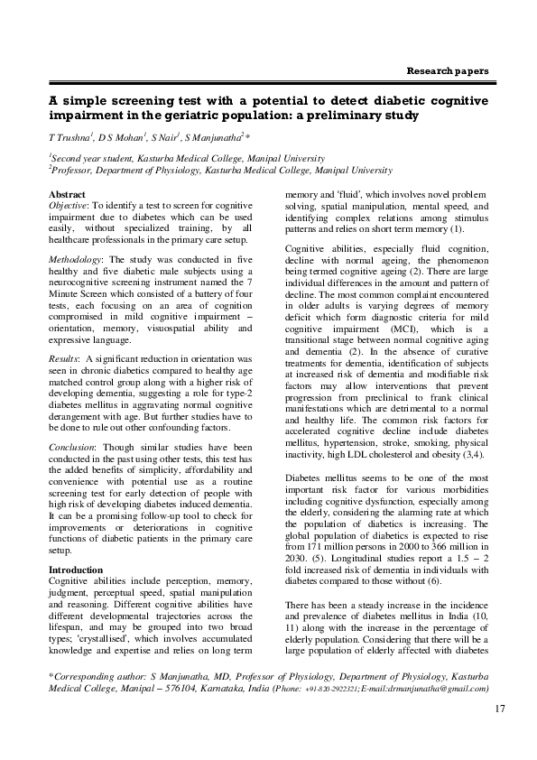 (PDF) A simple screening test with a potential to detect diabetic ...