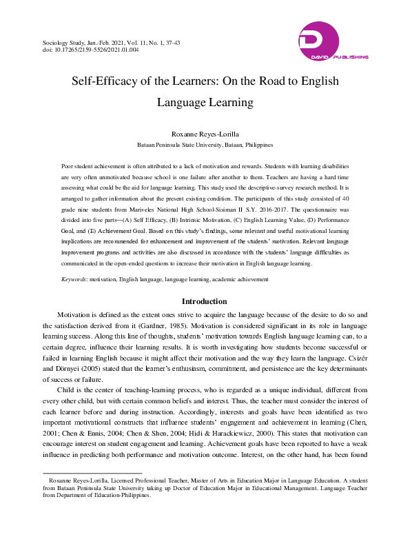 (PDF) Self-Efficacy of the Learners: On the Road to English Language ...