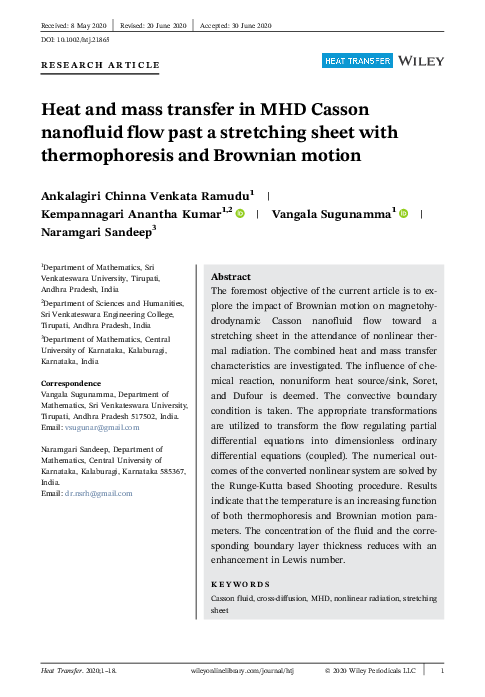 (PDF) Heat and mass transfer in MHD Casson nanofluid flow past a ...