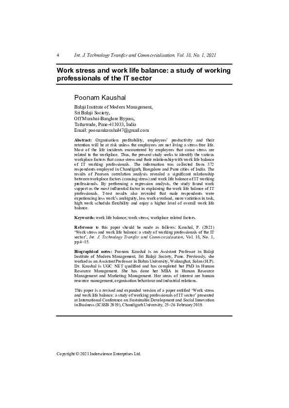 (PDF) Work stress and work life balance: a study of working ...