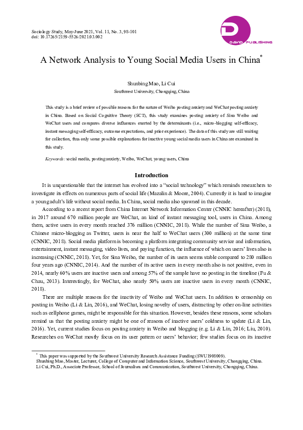 (PDF) A Network Analysis to Young Social Media Users in China