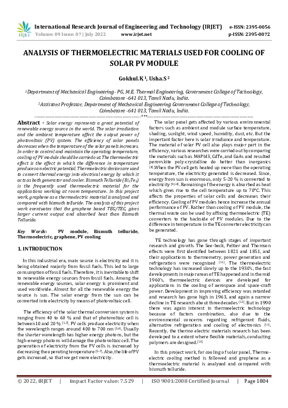 (PDF) ANALYSIS OF THERMOELECTRIC MATERIALS USED FOR COOLING OF SOLAR PV ...