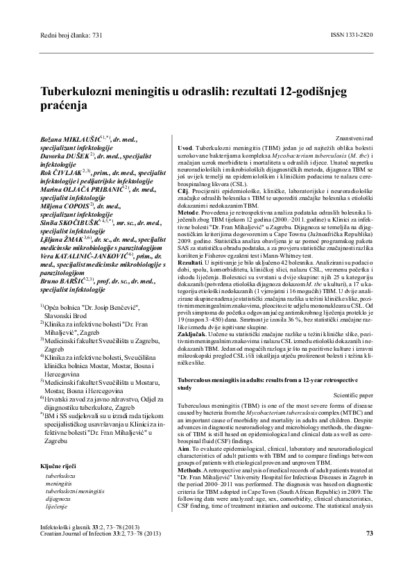 (PDF) Tuberculous meningitis in adults: results from a 12-year ...