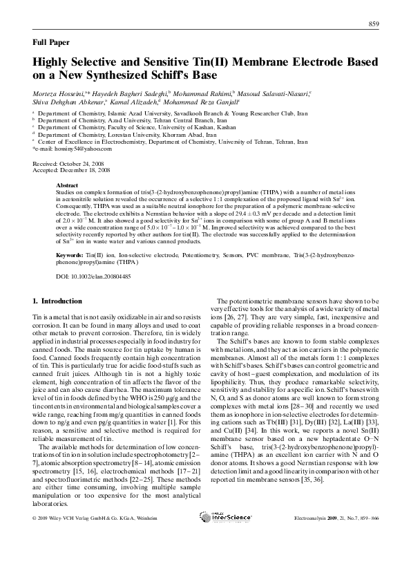 (PDF) Highly Selective and Sensitive Tin(II) Membrane Electrode Based ...