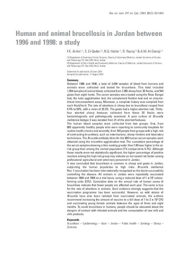 (PDF) Human and animal brucellosis in Jordan between 1996 and 1998: a study