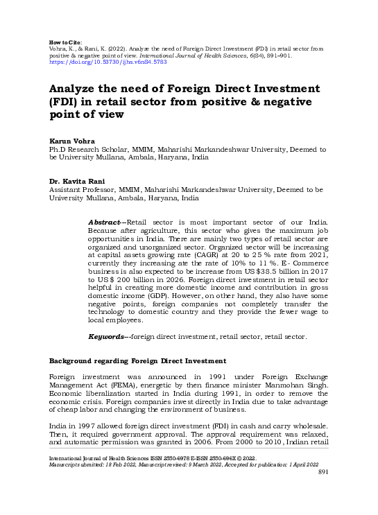 (PDF) Analyze the need of Foreign Direct Investment (FDI) in retail ...