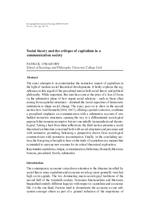 (PDF) Social theory and the critique of capitalism in a communication ...
