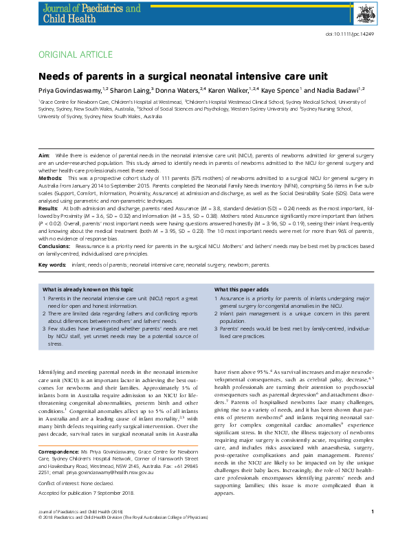 (PDF) Needs of parents in a surgical neonatal intensive care unit