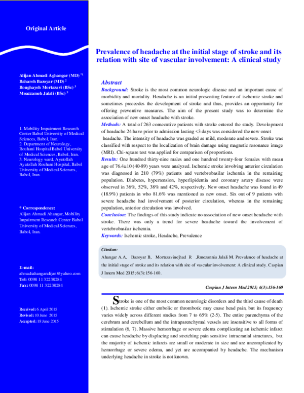 (PDF) Prevalence of headache at the initial stage of stroke and its ...