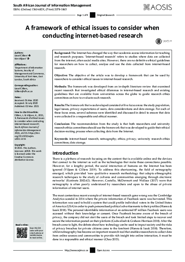 (PDF) A framework of ethical issues to consider when conducting ...
