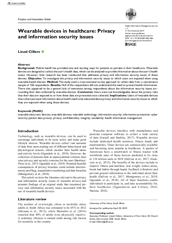 (PDF) Wearable devices in healthcare Privacy and information security