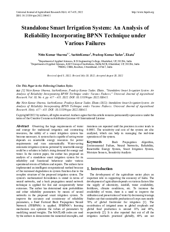 (PDF) Standalone Smart Irrigation System An Analysis of Reliability
