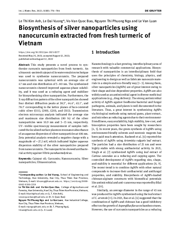 (PDF) Biosynthesis of silver nanoparticles using nanocurcumin extracted ...