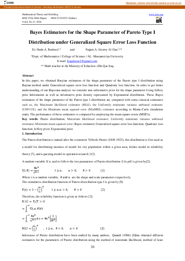 (PDF) Bayes Estimators for the Shape Parameter of Pareto Type I ...