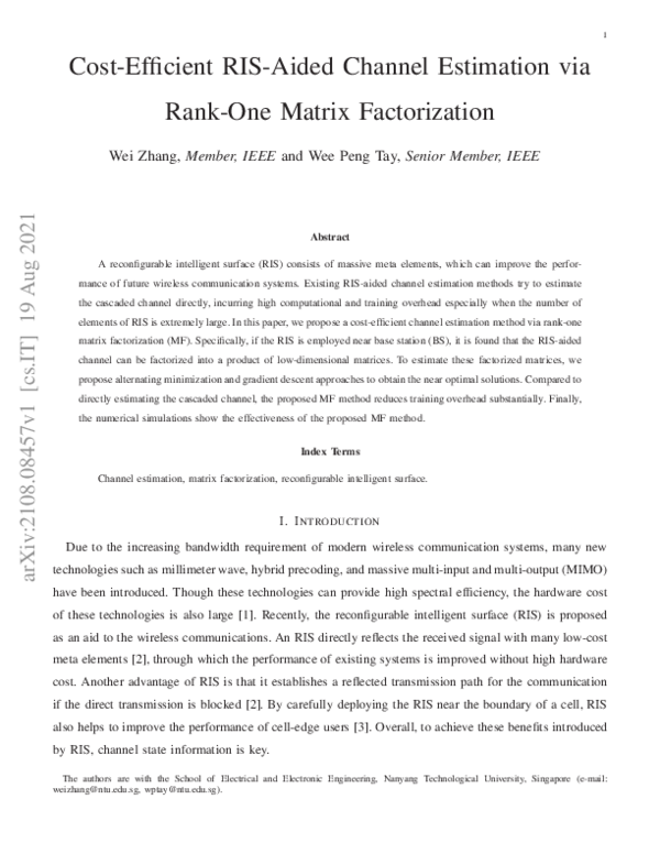 (PDF) Cost-Efficient RIS-Aided Channel Estimation via Rank-One Matrix ...