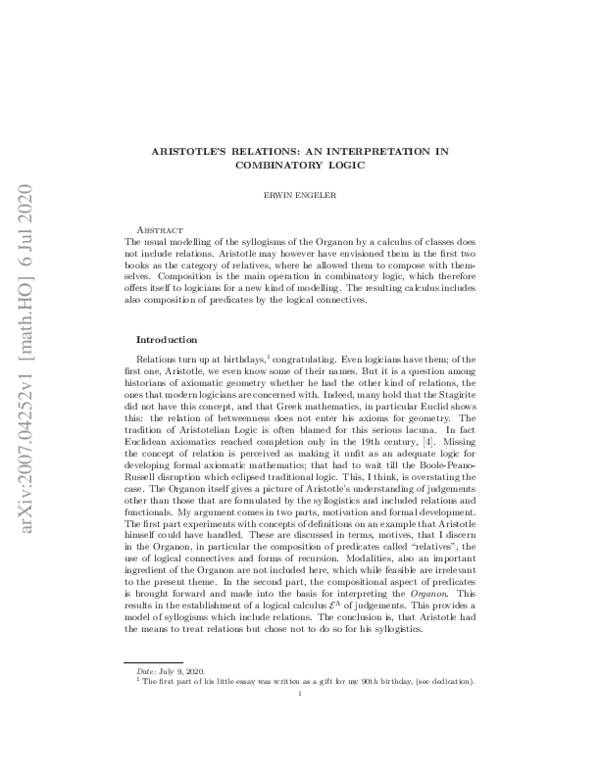 (PDF) Aristotle' Relations: An Interpretation in Combinatory Logic