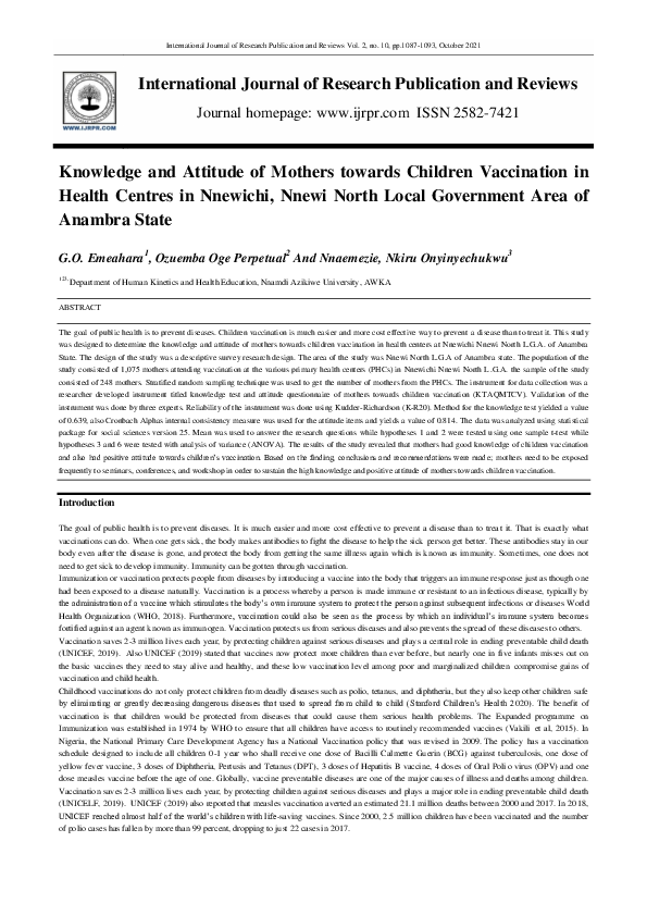 (PDF) Knowledge and Attitude of Mothers towards Children Vaccination in ...