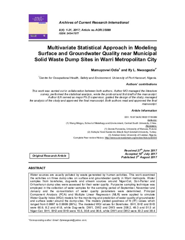 (PDF) Multivariate Statistical Approach in Modeling Surface and ...