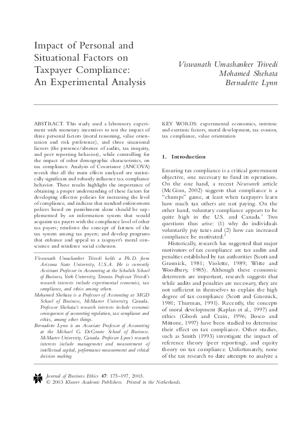 (PDF) Impact of Personal and Situational Factors on Taxpayer Compliance ...