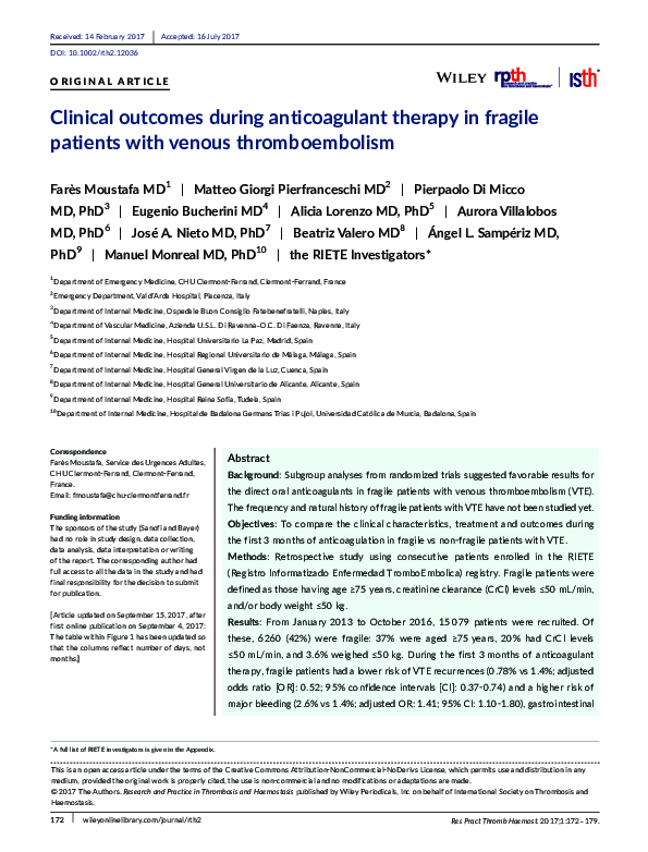 (PDF) Clinical outcomes during anticoagulant therapy in fragile ...