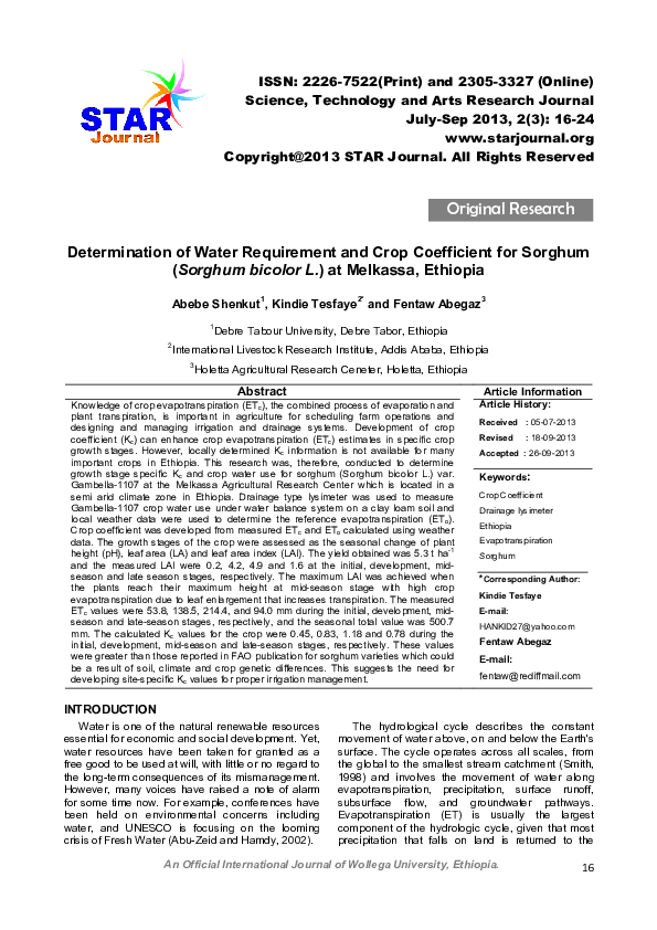(PDF) Determination of Water Requirement and Crop Coefficient for