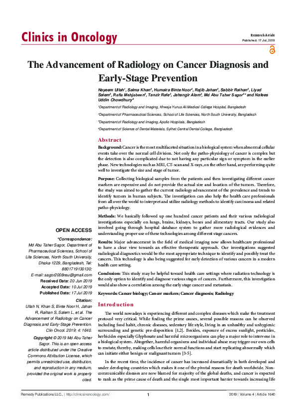 (PDF) The Advancement of Radiology on Cancer Diagnosis and Early-Stage ...