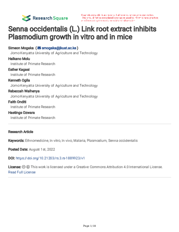 (PDF) Senna occidentalis (L.) Link root extract inhibits Plasmodium ...