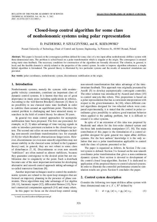 (PDF) Closed-loop control algorithm for some class of nonholonomic ...