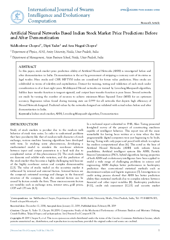 (PDF) Artificial Neural Networks Based Indian Stock Market Price ...