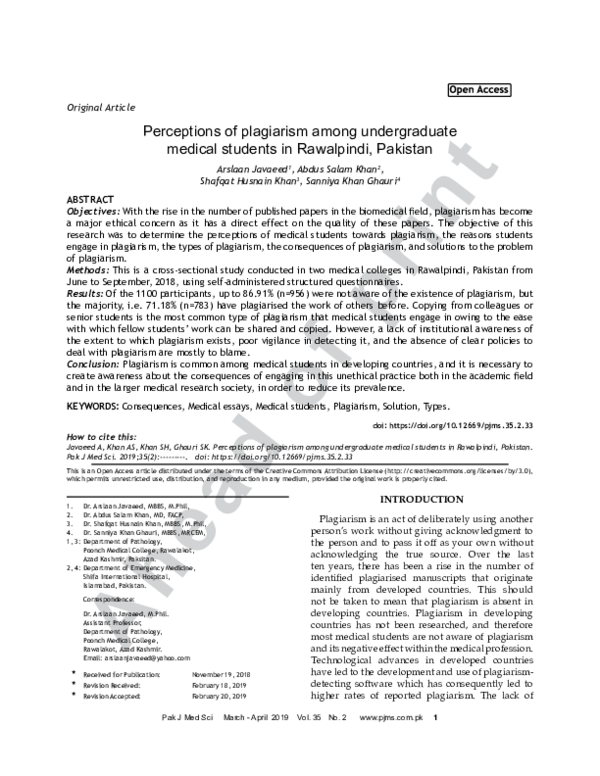 (PDF) Perceptions of plagiarism among undergraduate medical students in ...