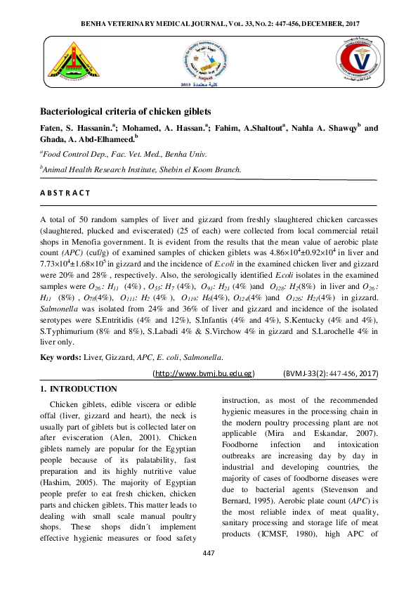 (PDF) Bacteriological criteria of chicken giblets Fahim Shaltout