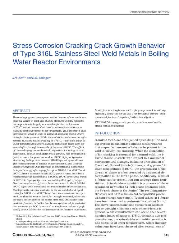 (PDF) Stress Corrosion Cracking Crack Growth Behavior of Type 316L ...