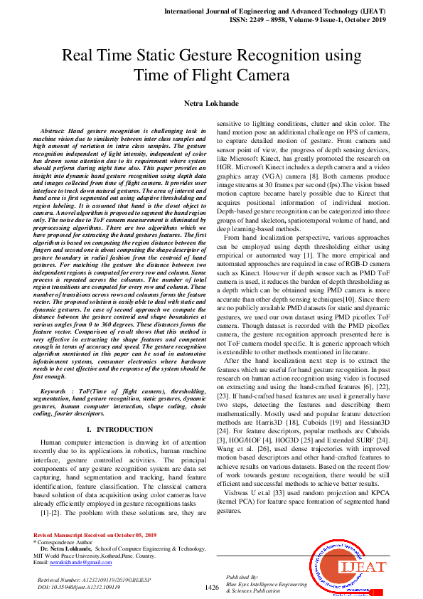(PDF) Real Time Static Gesture Recognition using Time of Flight Camera