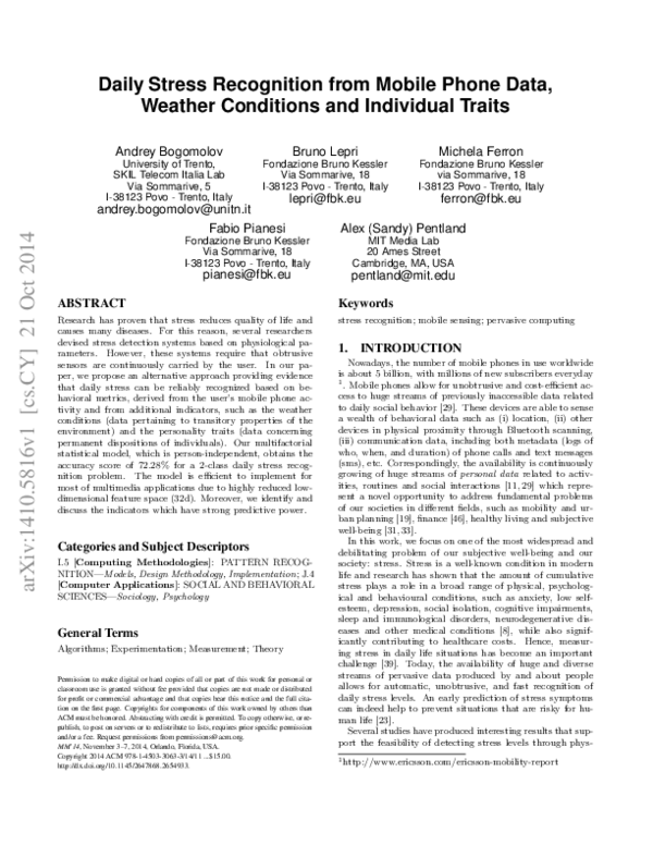 (PDF) Daily Stress Recognition from Mobile Phone Data, Weather