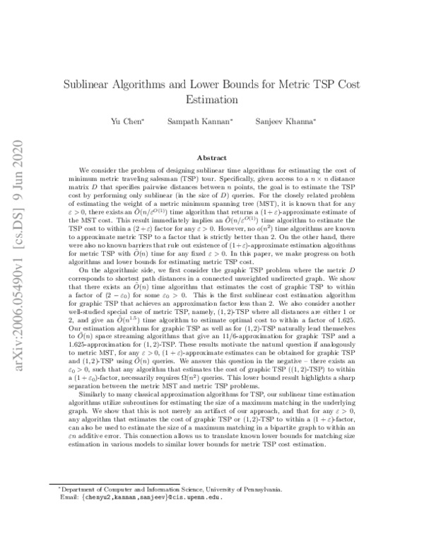 (PDF) Sublinear Algorithms and Lower Bounds for Metric TSP Cost