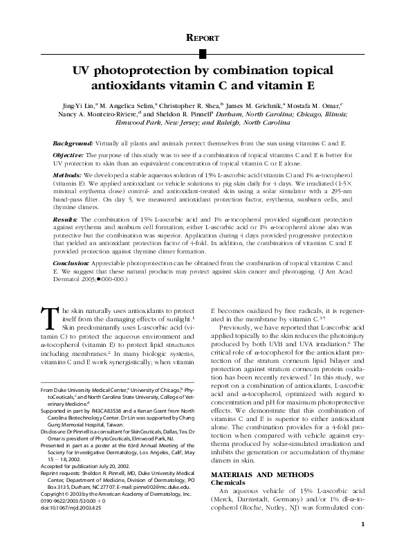 (PDF) UV photoprotection by combination topical antioxidants vitamin C