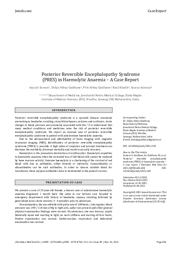 (PDF) Posterior Reversible Encephalopathy Syndrome (PRES) in Haemolytic ...