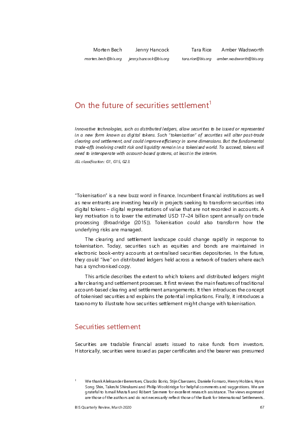 (PDF) On the Future of Securities Settlement