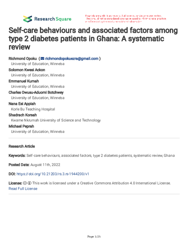 Pdf Self Care Behaviours And Associated Factors Among Type 2 Diabetes Pdf Self Care Behaviours And Associated Factors Among Type 2 Diabetes