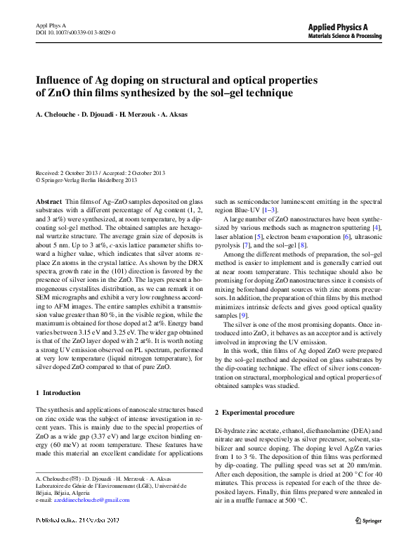 (PDF) Influence of Ag doping on structural and optical properties of ...