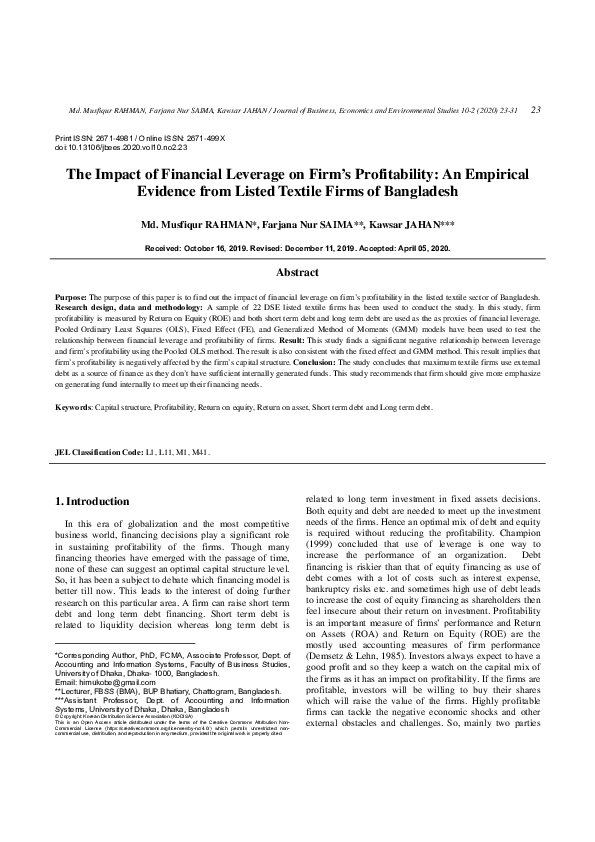 (PDF) The Impact of Financial Leverage on Firm’s Profitability: An ...