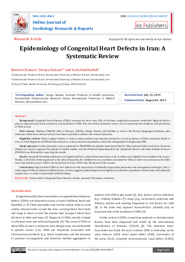 (PDF) Epidemiology of Congenital Heart Defects in Iran: A Systematic Review