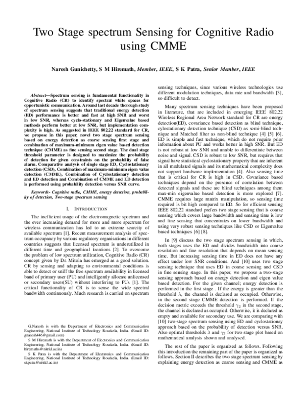 (PDF) Two stage spectrum sensing for Cognitive Radio using CMME