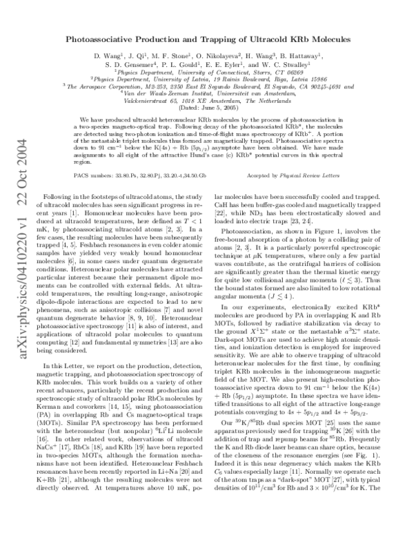 (PDF) Photoassociative Production and Trapping of Ultracold KRb Molecules